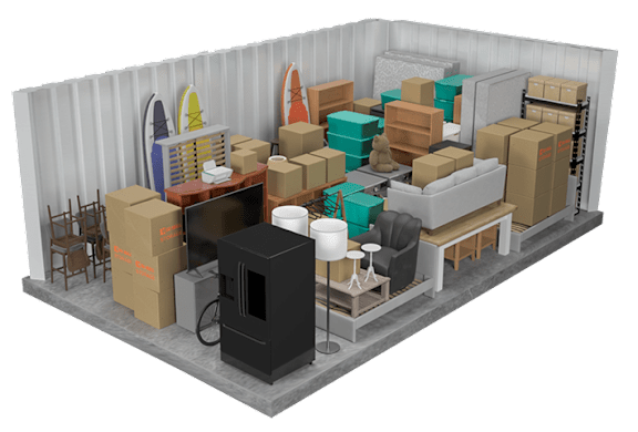 A 3D rendered image of a room with a lot of boxes and furniture.