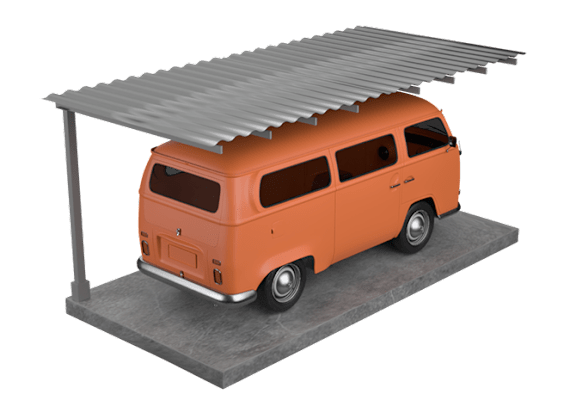 An orange Volkswagen van is parked under a metal awning.