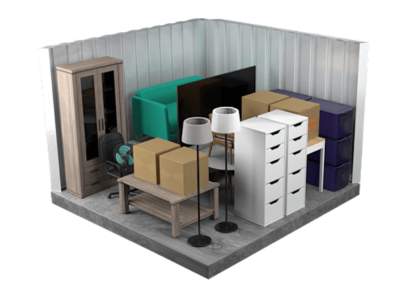 A room with a wooden cabinet, a green table, and a white shelf with boxes on it.