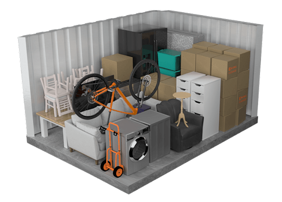 A 3D rendered image of a room with a vacuum cleaner, a washing machine, and various boxes and furniture.