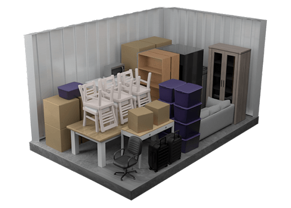 A 3D rendered image of a room with furniture and storage boxes.