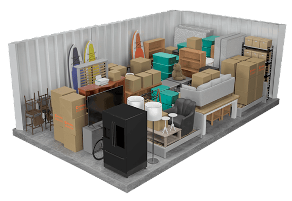 A 3D rendered image of a room with a fireplace, chairs, and a surfboard.