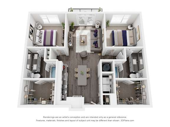 A 3D floor plan of a house with a kitchen, living room, and two bedrooms.