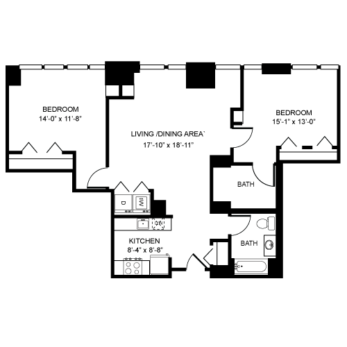 2 bed 2 bath Riverside Floor Plan  at Hartford 21, Hartford, CT
