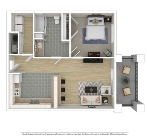 Floor Plan  a bedroom with a bed and a chair in a room at The Station at River Crossing, Macon