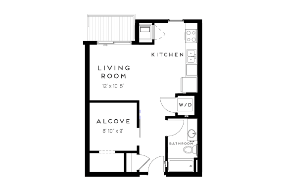 a floor plan of a studio apartment with an alcove