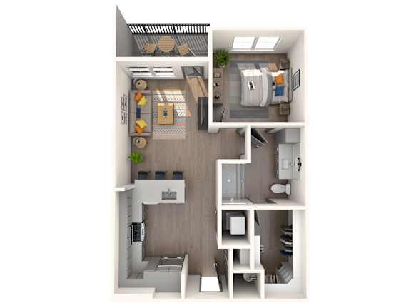 A 3D floor plan view of the A1 Floorplan at The District at Rosemary