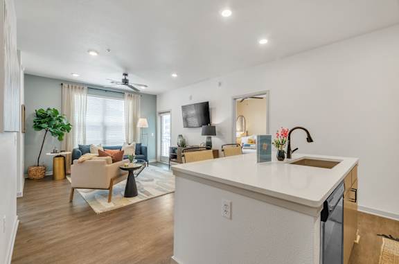 an open living room with a kitchen and a living room
