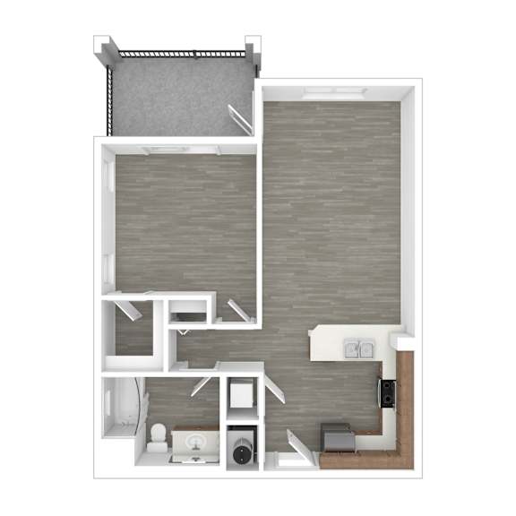 A floor plan of a small apartment with a kitchen, living room, and bathroom.