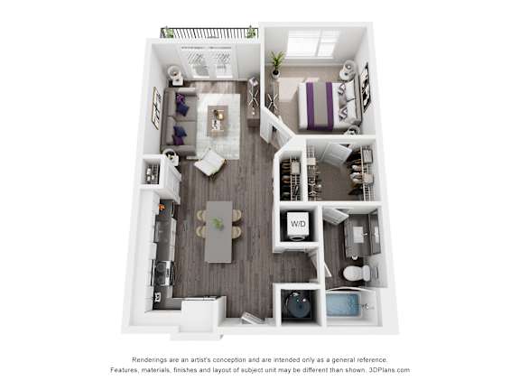 The Nexus | Glenn Perimeter A 3D floor plan of a small apartment with a kitchen, living room, and bathroom.
