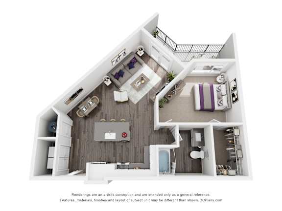 The Hammond | Glenn Perimeter A 3D floor plan of a house with a kitchen, living room, and bathroom.