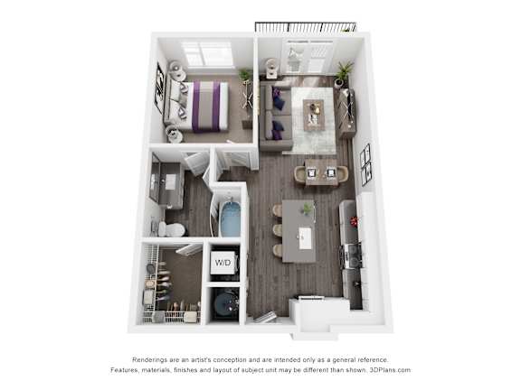 The Ashford | Glenn Perimeter A 3D floor plan of a small apartment with a kitchen, living room, and bathroom.