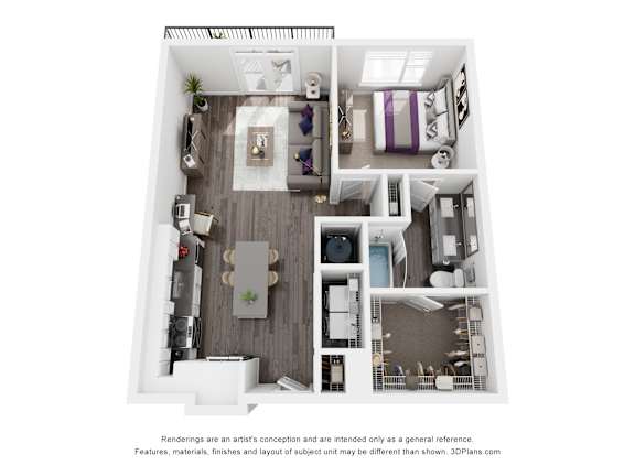 The Abernathy | Glenn Perimeter A 3D floor plan of a house with a kitchen, living room, and bathrooms.
