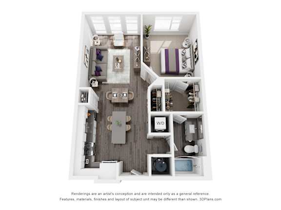 The Glenridge | Glenn Perimeter A 3D floor plan of a small apartment with a kitchen, living room, and bathroom.