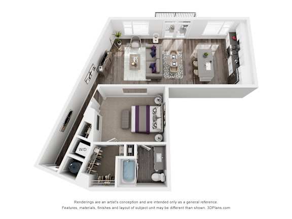 The Roswell | Glenn Perimeter A 3D floor plan of a small apartment with a kitchen, living room, and bathroom.