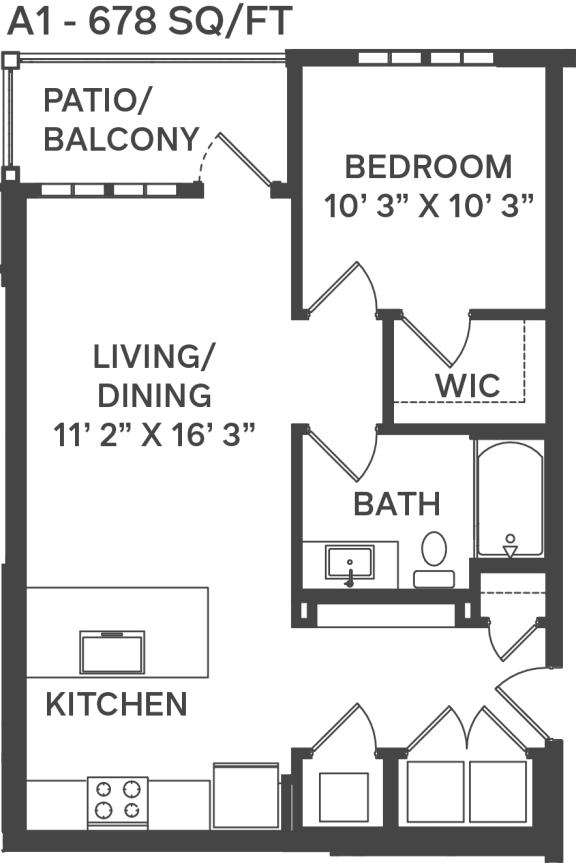 a one bedroom floor plan with a spacious closet