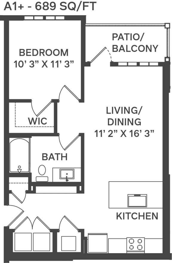 a one bedroom floor plan with a living room and a kitchen