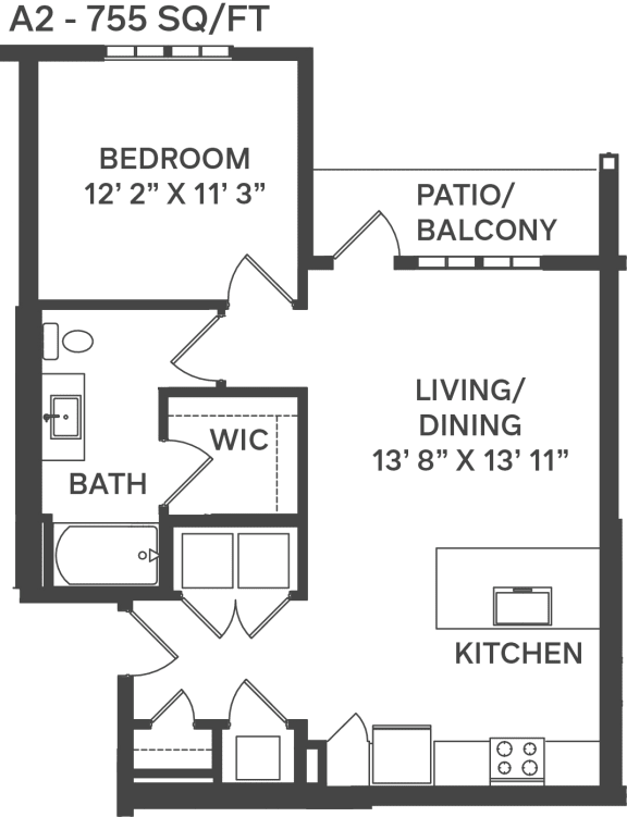 a one bedroom floor plan with and a living/dining room