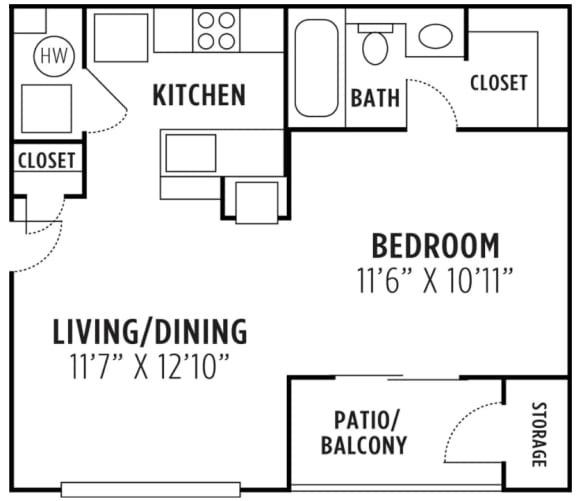 a studio floor plan with a kitchen and bedroom/living area