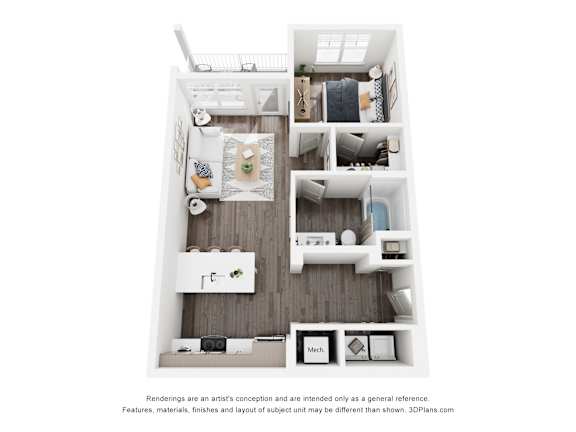 A 3D floor plan of a small apartment with a kitchen, living room, and bathroom.