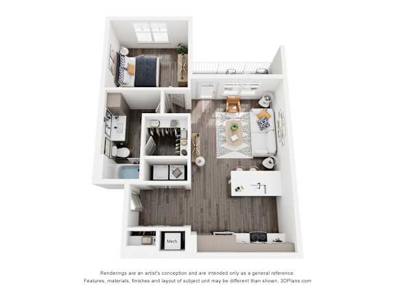 A 3D floor plan of a small apartment with a kitchen, living room, and bathroom.