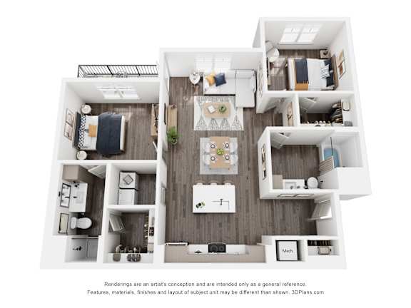 A 3D floor plan of a house with a kitchen, living room, and two bedrooms.