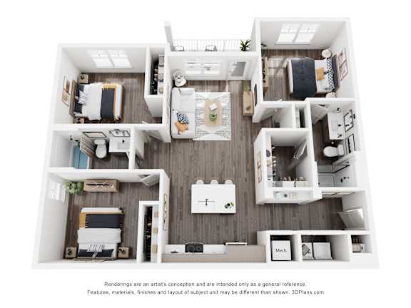 A 3D floor plan of a small apartment with a kitchen, living room, and two bedrooms.
