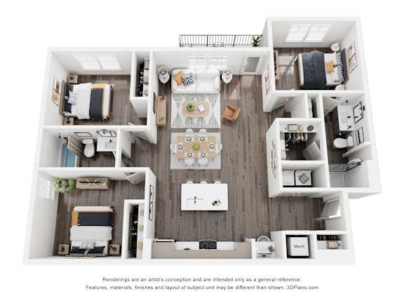 A 3D floor plan of a house with a kitchen, living room, and two bedrooms.