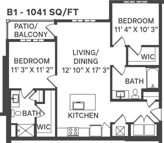 a two bedroom floor plan with a living room and a dining room