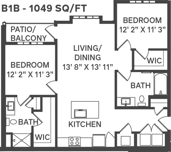 a two bedroom floor plan with a living room and a kitchen