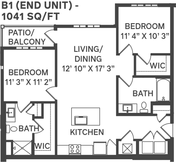 a two bedroom floor plan with a kitchen/dining room