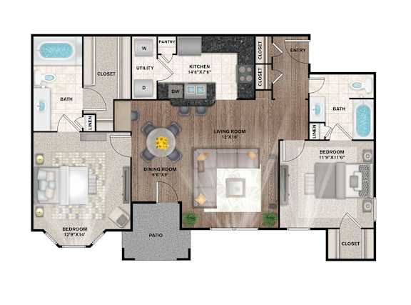 B2 Floor Plan at Flats on Chapel, Waco Texas