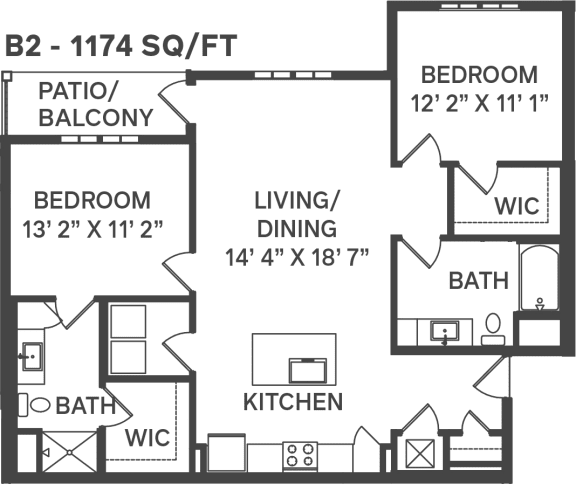 a two bedroom floor pla with a kitchen and a living room