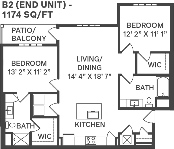 a two bedroom floor plan with bedrooms and a living room and a kitchen