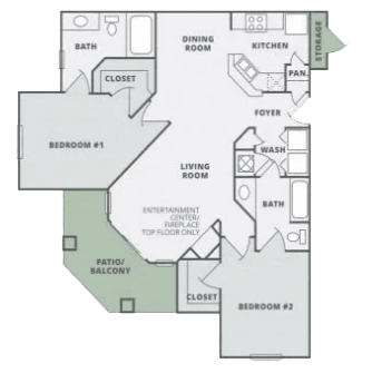a floor plan of an apartment with two bedrooms and a patio at Thornberry Apartments, Charlotte, NC 28262