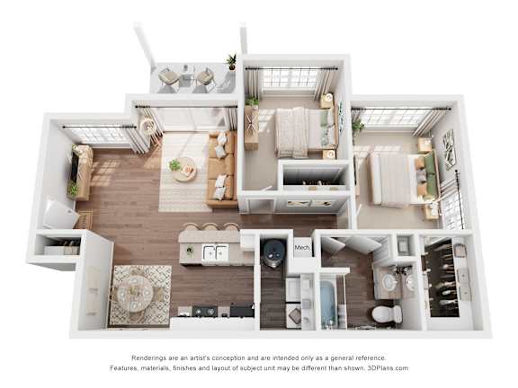 A 3D floor plan of a house with a kitchen, living room, and bathroom.