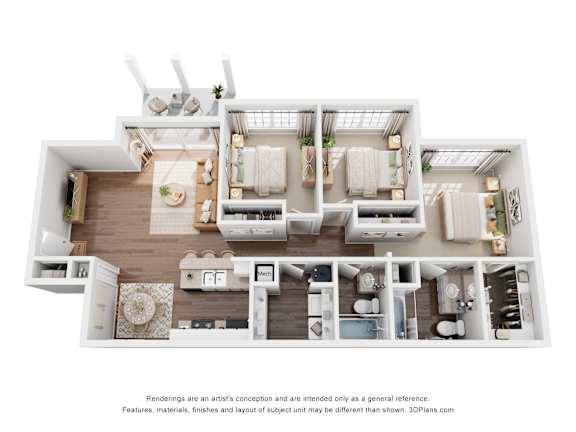 A 3D floor plan of a house with a kitchen, living room, and bathrooms.