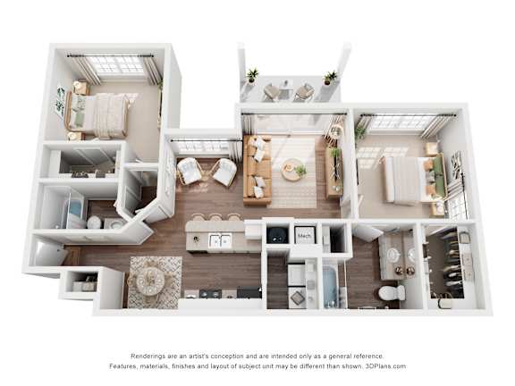 A 3D floor plan of a house with multiple rooms.