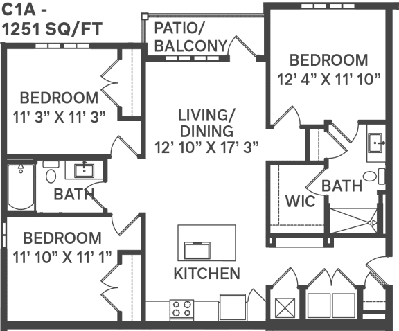 a three bedroom floor plan with a living/dining room