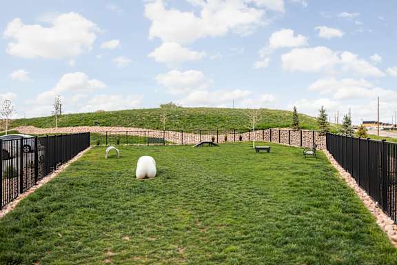 A dog park with a grassy area, a fence, and a hill in the background.