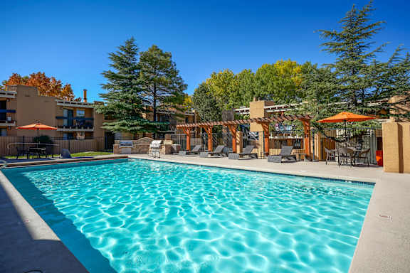 A large swimming pool with a wooden pergola and lounge chairs.