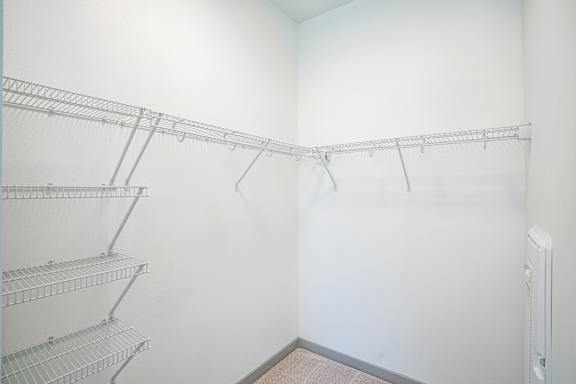 Empty walk-in closet with shelving and a door.