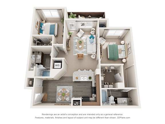 A 3D floor plan of a house layout.