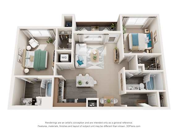 A 3D floor plan of a small apartment with a kitchen, living room, and bathroom.