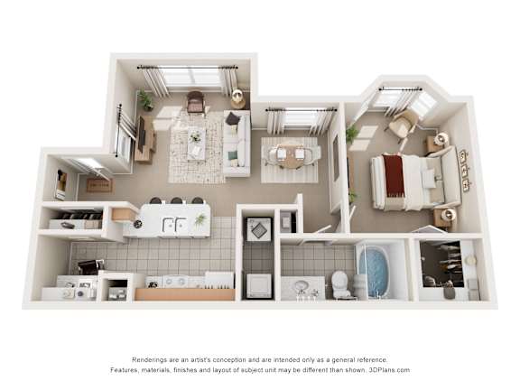 A 3D floor plan of a 1 bedroom apartment with a kitchen, living room, and bathroom