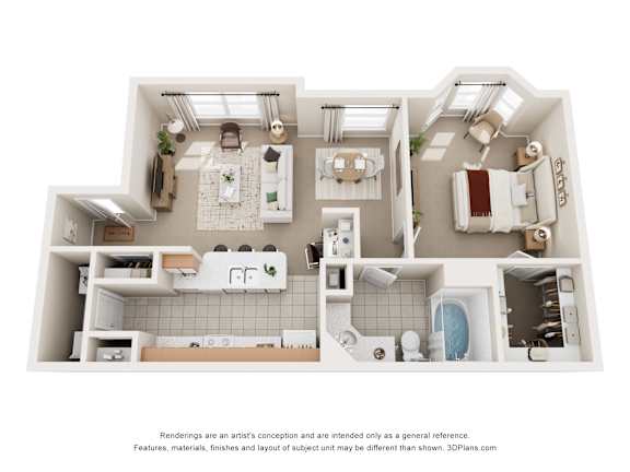 A 3D floor plan of a 1 bedroom apartment with a kitchen, living room, dining room, and bathroom.