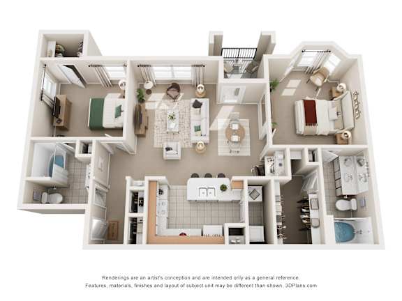 A 3D floor plan of a 2 bedroom apartment with a kitchen, living room, and bathrooms.