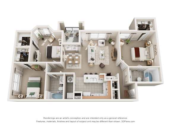 A 3D floor plan of a 3 bedroom apartment with a kitchen, living room, and bathrooms.