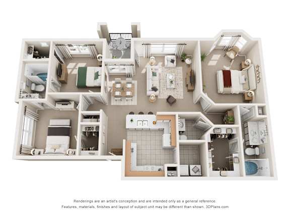 A 3D floor plan of a 3 bedroom apartment with a kitchen, living room, and bathrooms.