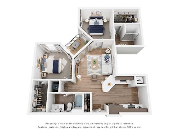 A 3D floor plan of an apartment with a kitchen, living room, and two bedrooms.